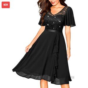 Sequin Lace V-Neck Chiffon Cocktail Dress, Ruffle Trim, Knee Length